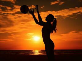 silhouette di un' donna giocando con un' spiaggia sfera. ai generato foto