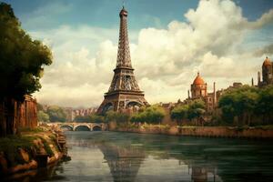 il iconico eiffel Torre nel Parigi, Francia, elegantemente in piedi alto accanto un' fiume. come il sole riflette su il acqua, esso crea un' sereno e pittoresco foto