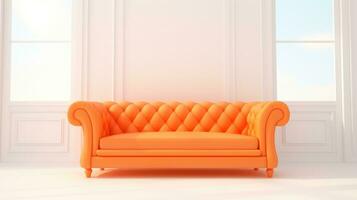 moderno arancia divano su gambe su bianca sfondo. piatto posare davanti Visualizza. foto