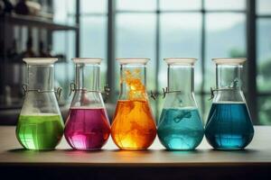 reattivo colorato bicchieri sostanze chimiche attrezzo. creare ai foto