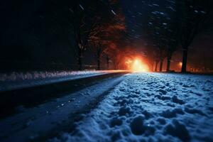 luminoso sfocato neve strada mezzo notte. creare ai foto