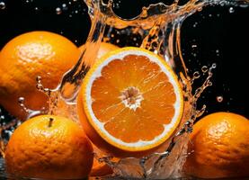 arancia frutta caduta nel il acqua spruzzi ai generativo foto