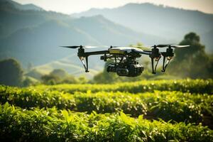 agricoltura fuco volare per spruzzato fertilizzante su il verde tè campi.generativo ai foto