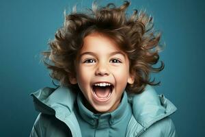 poco ragazzo Uscito sorridente su blu background.generative ai foto