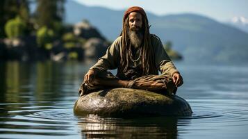 rasta uomo seduta su un' galleggiante rock.generativo ai foto