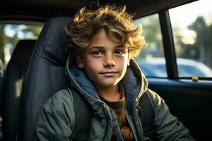 un' ragazzo di dieci sorrisi nel il interno di un' auto guida su il modo per scuola.generativa ai foto