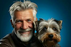 ritratto anziano uomo con cane non blu isolato sfondo. generativo ai foto