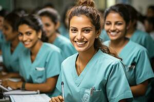 un' assistenza infermieristica alunno nel tamil nadu. un indiano alunno a un' medico università.generativo ai foto