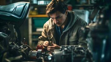 un' uomo Lavorando su un' auto motore ai generativo foto