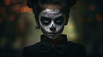 un' giovane ragazza con un' cranio viso dipingere su Halloween ai generativo foto