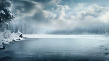 inverno paesaggio con neve coperto alberi e un' fiume ai generativo foto