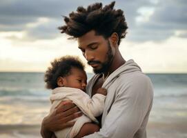un' giovane africano padre con il suo poco figlia. ai generato foto
