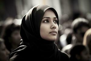 malese donna con un' hijab è nel il folla di le persone. ai generato foto