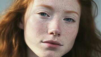 ritratto di un' dai capelli rossi caucasico ragazza con lentiggini. ai generato foto