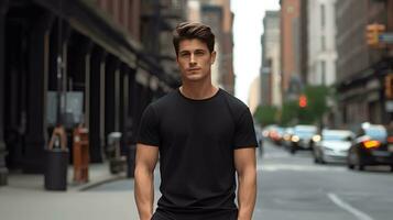 maschio modello nel un' classico nero cotone maglietta su un' città strada. ai generato foto
