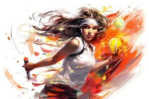 digitale illustrazione di un' femmina tennis giocatore con racchetta e palla contro bianca sfondo, creativo illustrazione di un' giovane atletico femmina tennis giocatore giocando con sua tennis, ai generato foto