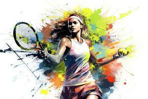 tennis giocatore con racchetta e palla su colorato spruzzi sfondo, creativo illustrazione di un' giovane atletico femmina tennis giocatore giocando con sua tennis racchetta, ai generato foto