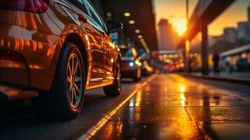 lato Visualizza di un' auto nel un' grande città a tramonto foto