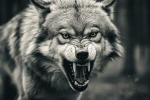 in scala di grigi avvicinamento tiro di un arrabbiato lupo con un' sfocato sfondo. ai generato foto