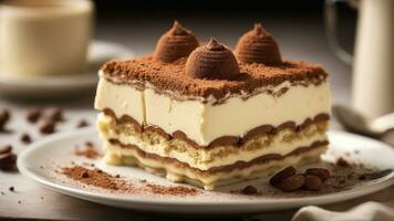 un' fetta di Tiramisù plated meravigliosamente su un' dolce piatto sfondo ai generativo foto