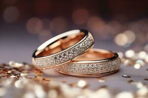 nozze anelli su bokeh sfondo, avvicinamento, progettista nozze anelli su un' scintillante sfondo, ai generato foto