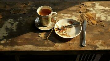 Vintage ▾ caffè tazza su vecchio di legno tavolo, ai generato foto