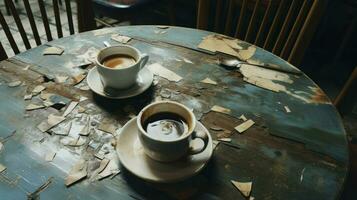 Vintage ▾ caffè tazza su vecchio di legno tavolo, ai generato foto