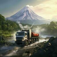 fuori strada camion con roccioso montagna sfondo disegnato a mano illustrazione, ai generato foto