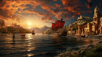 fantasia paesaggio pirata nave con rosso vele nel porta di antico città. foto