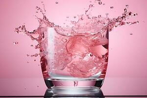 rinfrescante rosa acqua nel un' cristallo chiaro bicchiere - morbido estetica e visivo diletto bolle e onde spruzzata, ai-generato foto