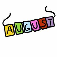 cartone animato scarabocchio di un' lettera con un' parola agosto. illustrazione isolato su bianca sfondo. foto