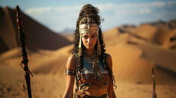 ritratto di un' bellissimo egiziano donna guerriero nel il mezzo di il deserto. foto