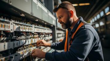 ritratto di un' giovane maschio tecnico Lavorando nel un elettrico pannello. foto