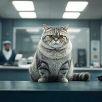 carino Grasso gatto seduta su il contatore nel animale domestico clinica. generativo ai foto