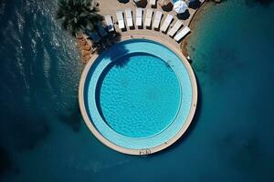 un' il giro piscina su il molto riva del mare con chiaro blu acqua e sole lettini. Visualizza a partire dal sopra. il concetto di vacanze, vacanza, mare vacanza. foto