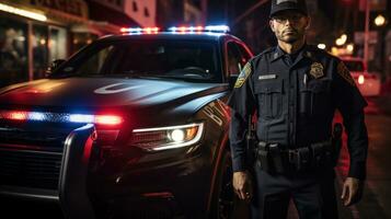ritratto di poliziotto in piedi nel davanti di polizia auto a notte. foto