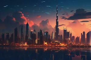 dubai orizzonte a tramonto, unito arabo emirati. 3d rendering, dubai orizzonte nel il sera, ai generato foto