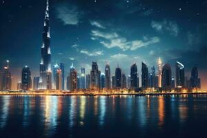 dubai orizzonte a notte, unito arabo emirati. dubai è il più veloce in crescita città nel il mondo, dubai città di notte, ai generato foto