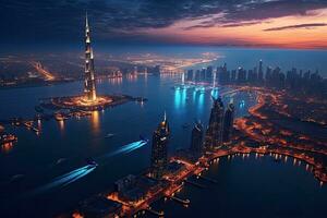 aereo Visualizza di shanghai orizzonte a notte, Cina, dubai e il persiano golfo a sera, ai generato foto