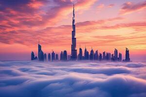 nebbioso paesaggio urbano con grattacieli e nuvole a Alba, dubai tramonto Visualizza di centro coperto con nuvole, ai generato foto