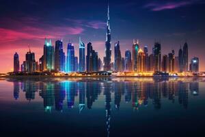 dubai orizzonte a tramonto, unito arabo emirati. dubai è il più veloce in crescita città nel il mondo, dubai orizzonte nel il sera, ai generato foto