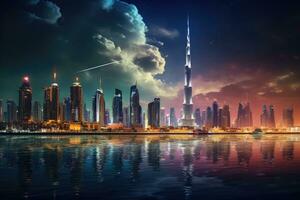 dubai orizzonte a notte, unito arabo emirati. dubai è il più veloce in crescita città nel il mondo, dubai città di notte, ai generato foto