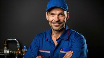 sorridente ritratto di fiducioso bello maschio idraulico, maestro nel uniforme foto