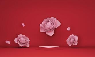 3d Schermo podio pastello rosa fiore rosso sfondo. peonia e rosa fiorire caduta fuori uso. natura minimo piedistallo per bellezza, cosmetico Prodotto presentazione. san valentino, femminile copia spazio modello foto