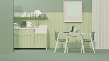 verde Vintage ▾ cucina camera e minimalista interno design. elegante vivente pastello tono camera interno di moderno appartamento e di moda mobilia casa arredamento, 3d rendere, 3d illustrazione foto