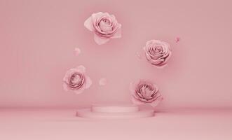 3d Schermo podio pastello rosa fiore sfondo. peonia e rosa fiorire caduta fuori uso. natura minimo piedistallo per bellezza, cosmetico Prodotto presentazione. san valentino, femminile copia spazio modello foto