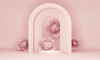 3d Schermo podio pastello rosa fiore sfondo. peonia e rosa fiorire caduta fuori uso. natura minimo piedistallo per bellezza, cosmetico Prodotto presentazione. san valentino, femminile copia spazio modello foto