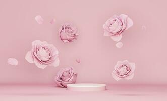 3d Schermo podio pastello rosa fiore sfondo. peonia e rosa fiorire caduta fuori uso. natura minimo piedistallo per bellezza, cosmetico Prodotto presentazione. san valentino, femminile copia spazio modello foto