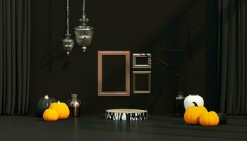 3d Halloween sfondo podio Schermo su Nero, legna e zucca. astratto minimo studio 3d rendere foto