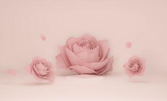 3d Schermo podio pastello rosa fiore sfondo. peonia e rosa fiorire caduta fuori uso. natura minimo piedistallo per bellezza, cosmetico Prodotto presentazione. san valentino, femminile copia spazio modello foto